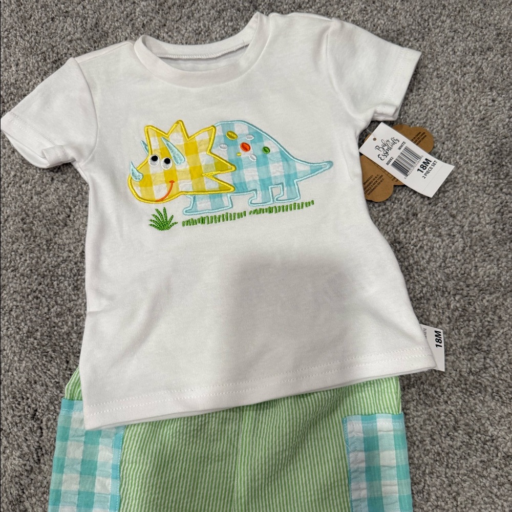 Baby Essentials 18m little embroidered dinosaur top and shorts set. NWT